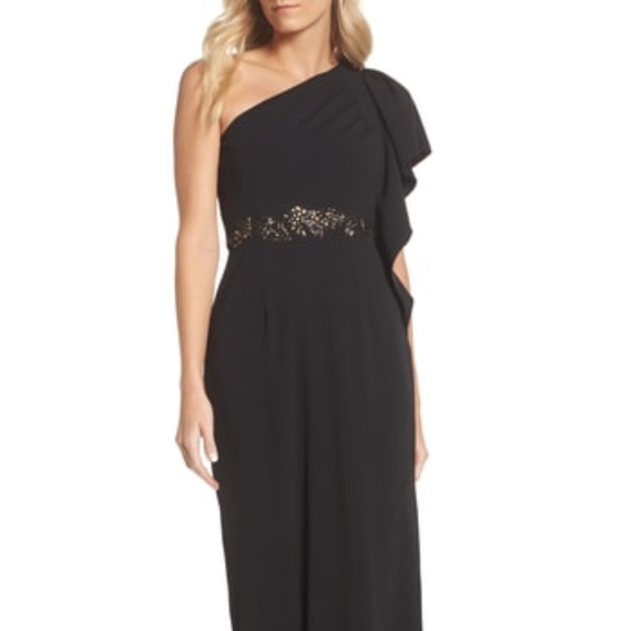 Adrianna Papell Crepe One Shoulder Gown Beaded 4 - Picture 1 of 7